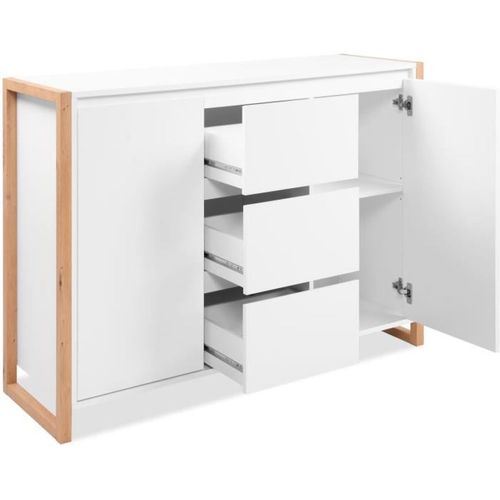 Buffet - Chene Artisan / Blanc - 2 Portes - 3 Tiroirs - 120 X 40 X 88 Cm