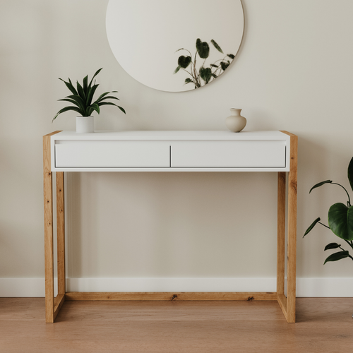 Console 2 Tiroirs Décor Blanc Et Chêne L100 Cm