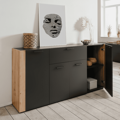 Buffet 4 Portes, 1 Tiroir Effet Gris Et Chêne L162 Cm