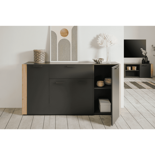 Buffet 4 Portes, 1 Tiroir Effet Gris Et Chêne L162 Cm