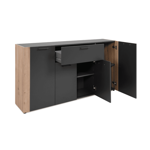 Buffet 4 Portes, 1 Tiroir Effet Gris Et Chêne L162 Cm