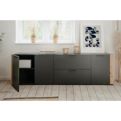 Buffet 3 Portes, 2 Tiroirs Effet Gris Et Chêne L198 Cm