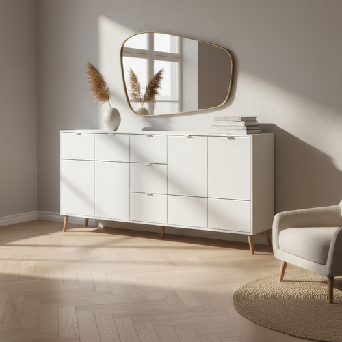 Buffet 4 Portes, 3 Tiroirs Effet Blanc Et Chêne L190 Cm