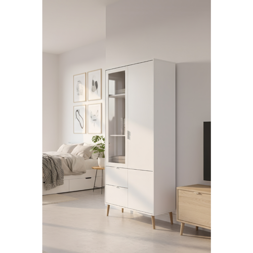 Vitrine 2 Portes Dont 1 Vitrée Effet Blanc Et Chêne H190 Cm