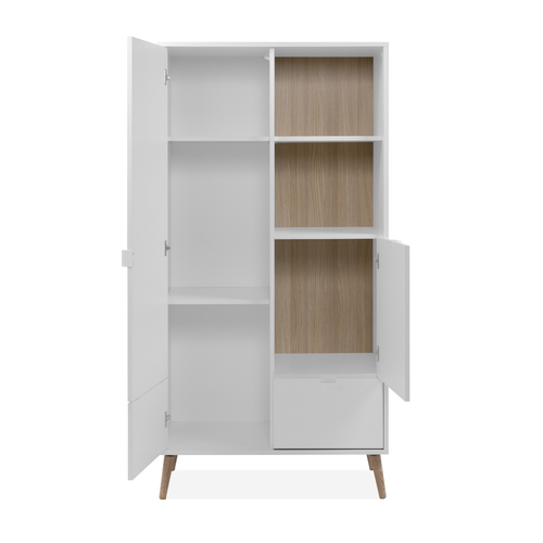 Buffet Haut 2 Portes, 2 Niches, 1 Tiroir Décor Blanc Et Chêne H155 Cm
