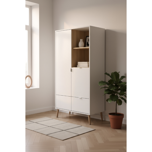 Buffet Haut 2 Portes, 2 Niches, 1 Tiroir Décor Blanc Et Chêne H155 Cm