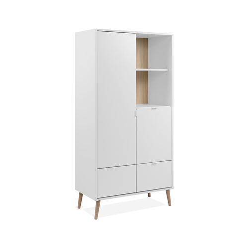 Buffet Haut 2 Portes, 2 Niches, 1 Tiroir Décor Blanc Et Chêne H155 Cm