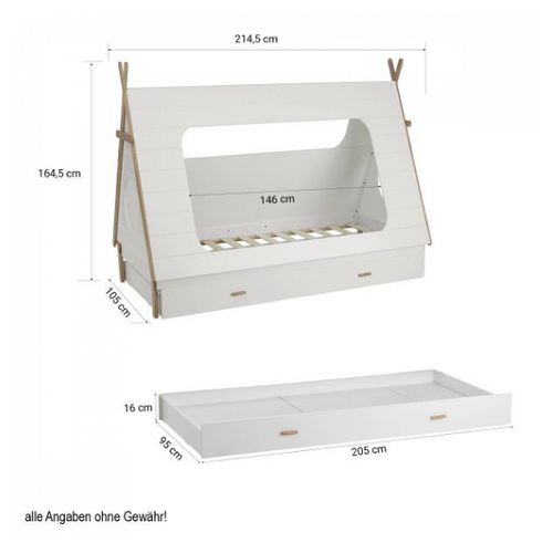 Lit Cabane Tipi 90x200 Cm En Pin Blanc Avec Tiroir De Rangement