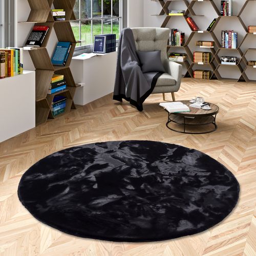 Tapis En Fourrure Plush Rond 120cm Noir