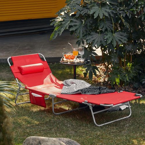 Chaise Longue Bain De Soleil Transat De Jardin Pliant Chaise De Camping Inclinable, Rouge, Ogs35-r