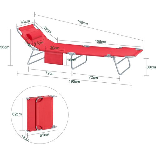 Chaise Longue Bain De Soleil Transat De Jardin Pliant Chaise De Camping Inclinable, Rouge, Ogs35-r