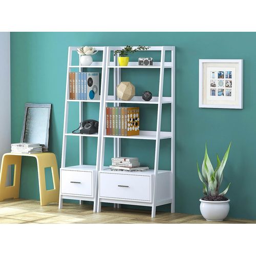 Bibliothèque Étagère Style Échelle De 4 Niveaux Et 1 Tiroir Blanc, Frg116-w