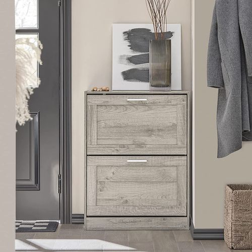 Armoire à Chaussures Avec 2 Abattants Pour Entrée Couloir, Effet Bois, Fsr137-hg