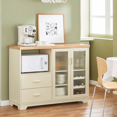 Placard De Cuisine Avec 2 Portes Vitrées, Meuble Micro-ondes, 120 X 40 X 90 Cm, Beige, Fsb81-mi