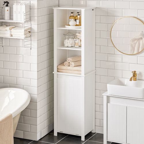 Meuble Colonne De Salle De Bain, 3 Étagères, 1 Panier à Linge Amovible, BZr102-w
