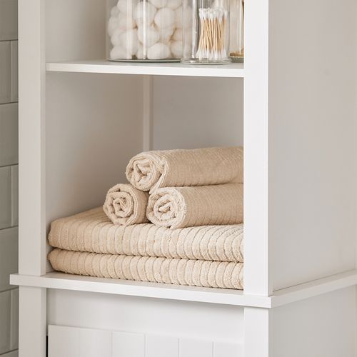 Meuble Colonne De Salle De Bain, 3 Étagères, 1 Panier à Linge Amovible, BZr102-w