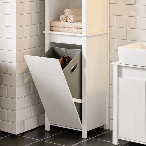 Meuble Colonne De Salle De Bain, 3 Étagères, 1 Panier à Linge Amovible, BZr102-w