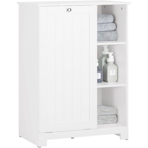 Armoire à Linge Avec Sac à Linge, Meuble Bas Avec 3 Étagères Et 1 Panier à Linge Amovible, BZr105-w