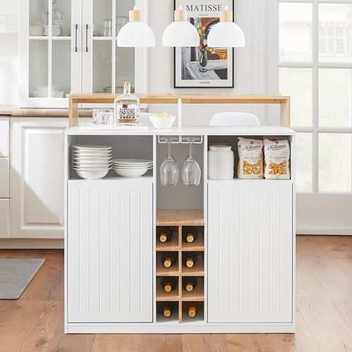 Knl07-wn Ilot Central Mange-debout Avec 2 Portes, Porte-verres à Vin, Porte-bouteilles