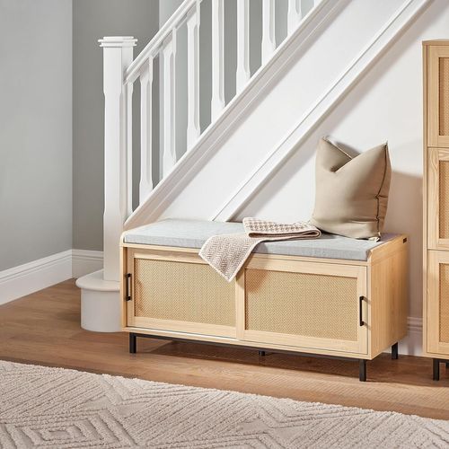 Banc De Rangement, Banc à Chaussures, 2 Portes Coulissante Et Façades Rotin Tissé, Fsr154-n