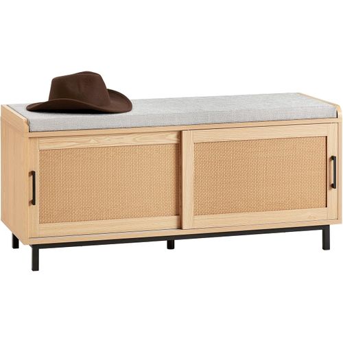 Banc De Rangement, Banc à Chaussures, 2 Portes Coulissante Et Façades Rotin Tissé, Fsr154-n