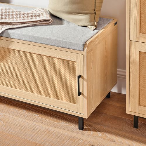 Banc De Rangement, Banc à Chaussures, 2 Portes Coulissante Et Façades Rotin Tissé, Fsr154-n