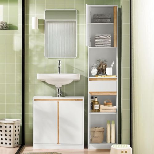 Colonne Salle De Bain Avec 2 Portes, Tiroir, Compartiment Et Étagères Réglables Blanc, BZr80-w