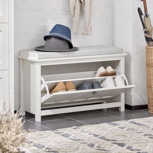 Banc à Chaussures Avec Coussin Rembourrée 1 Abattant, Blanc Vintage, Fsr161-w
