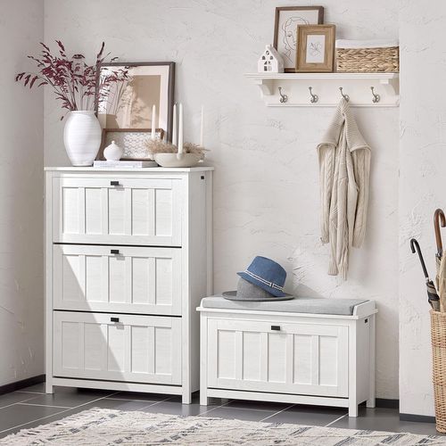 Banc à Chaussures Avec Coussin Rembourrée 1 Abattant, Blanc Vintage, Fsr161-w