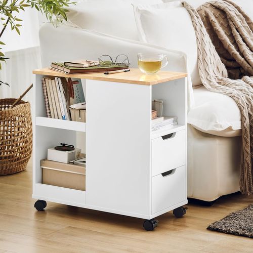 Bout De Canapé, Table D'appoint Avec 2 Tiroirs, Compartiment Ouvert, Blanc, Fbt130-wn
