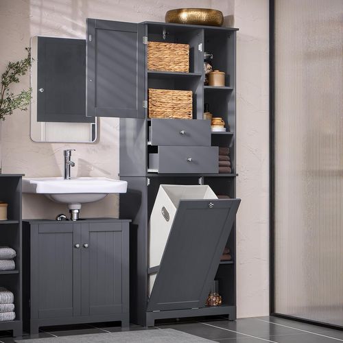 Colonne De Salle De Bain Placard, 2 Portes Et 2 Tiroirs, 6 Étagères, 1 Panier à Linge, BZr104-dg