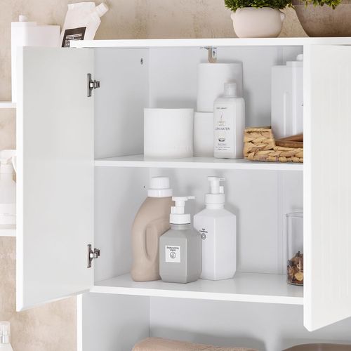 Meuble Salle De Bain Avec Portes, 2 Paniers à Linge Amovibles, Blanc, BZr150-w