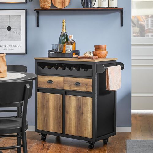 Desserte De Cuisine à Roulettes, 1 Porte-bouteilles, 2 Tiroirs Et 2 Portes, Marron, Fkw122-sch