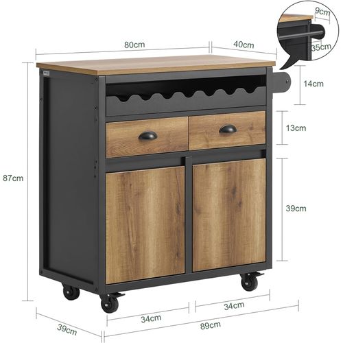 Desserte De Cuisine à Roulettes, 1 Porte-bouteilles, 2 Tiroirs Et 2 Portes, Marron, Fkw122-sch