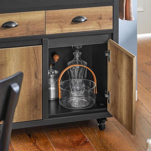 Desserte De Cuisine à Roulettes, 1 Porte-bouteilles, 2 Tiroirs Et 2 Portes, Marron, Fkw122-sch