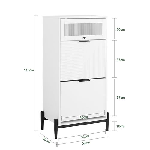 Meuble à Chaussures, Meuble D'entrée Avec 2 Abattants Et 1 Porte En Verre, Blanc, 59x40x115 Cm