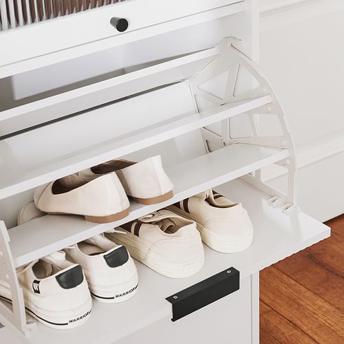 Meuble à Chaussures, Meuble D'entrée Avec 2 Abattants Et 1 Porte En Verre, Blanc, 59x40x115 Cm