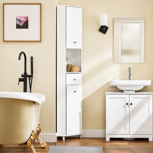 Armoire De Rangement Étroite - Gain De Place, 1 Tiroir, 2 Portes, Blanc, 44x31x171 Cm