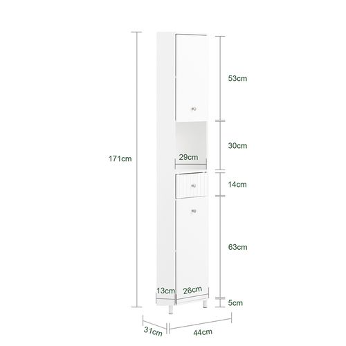 Armoire De Rangement Étroite - Gain De Place, 1 Tiroir, 2 Portes, Blanc, 44x31x171 Cm