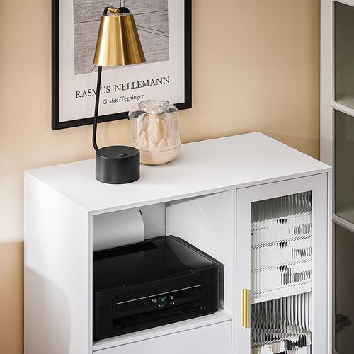 Caisson De Bureau à Roulettes Avec 2 Tiroirs Et Porte Vitrée, Support Imprimante, 75x40x76 Cm, Blanc