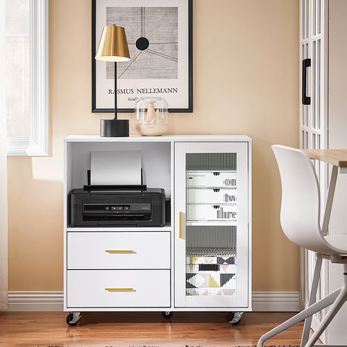 Caisson De Bureau à Roulettes Avec 2 Tiroirs Et Porte Vitrée, Support Imprimante, 75x40x76 Cm, Blanc