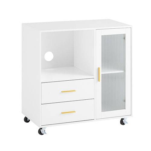 Caisson De Bureau à Roulettes Avec 2 Tiroirs Et Porte Vitrée, Support Imprimante, 75x40x76 Cm, Blanc