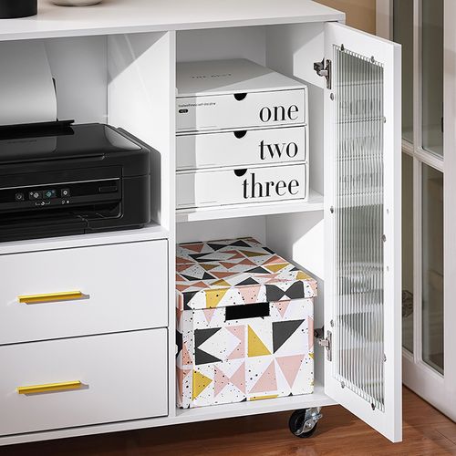 Caisson De Bureau à Roulettes Avec 2 Tiroirs Et Porte Vitrée, Support Imprimante, 75x40x76 Cm, Blanc