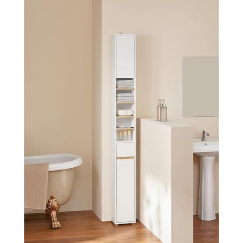 Colonne Salle De Bain, 1 Tiroir, 2 Portes, 5 Compartiments, Blanc, 20x20x180 cm, BZR34-WN.