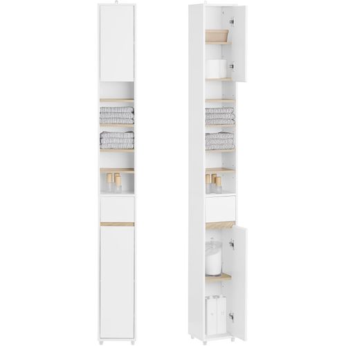 Colonne Salle De Bain, 1 Tiroir, 2 Portes, 5 Compartiments, Blanc, 20x20x180 cm, BZR34-WN.