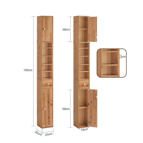 Colonne Salle De Bain, 1 Tiroir, 2 Portes, 5 Compartiments, Étagères Réglables, 20x20x180 Cm