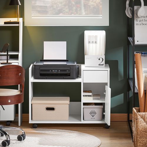 Caisson De Bureau à Roulettes Avec Tiroirs, Meuble Rangement Imprimante, 72x40x54 Cm, Blanc