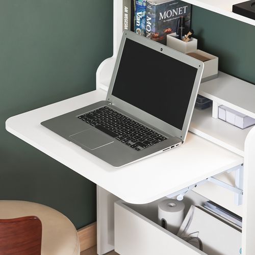 Bureau Pliable, Table D'ordinateur Rabattable,bureau Multifonctionnel Avec Etagères  Blanc, Fwt105-w