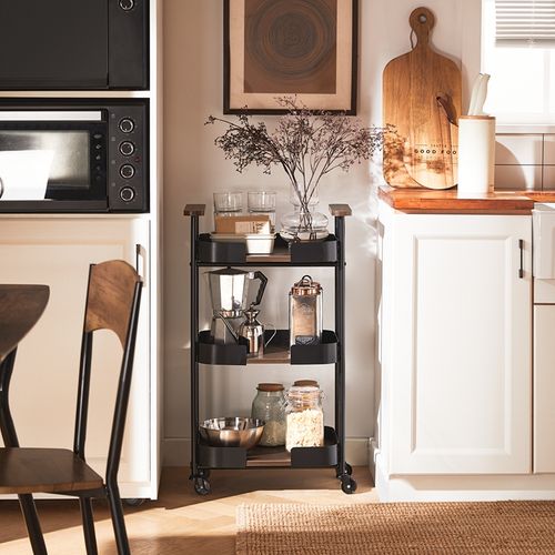 Chariot De Service 3 Niveaux, Desserte De Cuisine, Rangement, 50x32x86 Cm, Noir