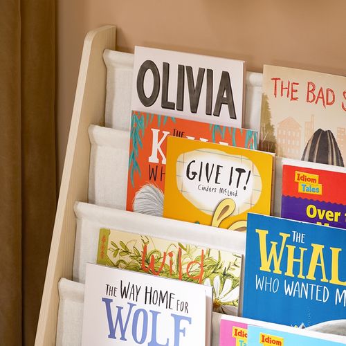 Bibliothèque Enfant 4 Compartiments Et 3 Poches, Étagère De Rangement 63x28x76 Cm